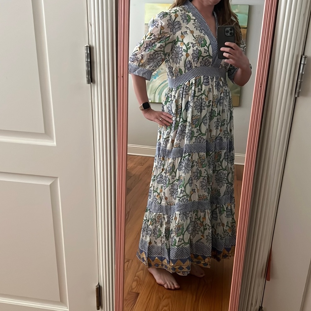 Oliphant - Women’s V-Neck Cuffed Maxi Dress in ‘Presidio Blue’ Print Large - Picture 3 of 17